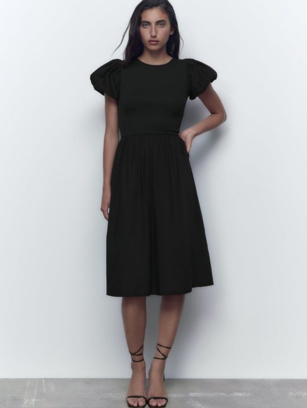 Zara Black Puff Sleeve Midi Dress Size L Cottagecore Goth Romantic